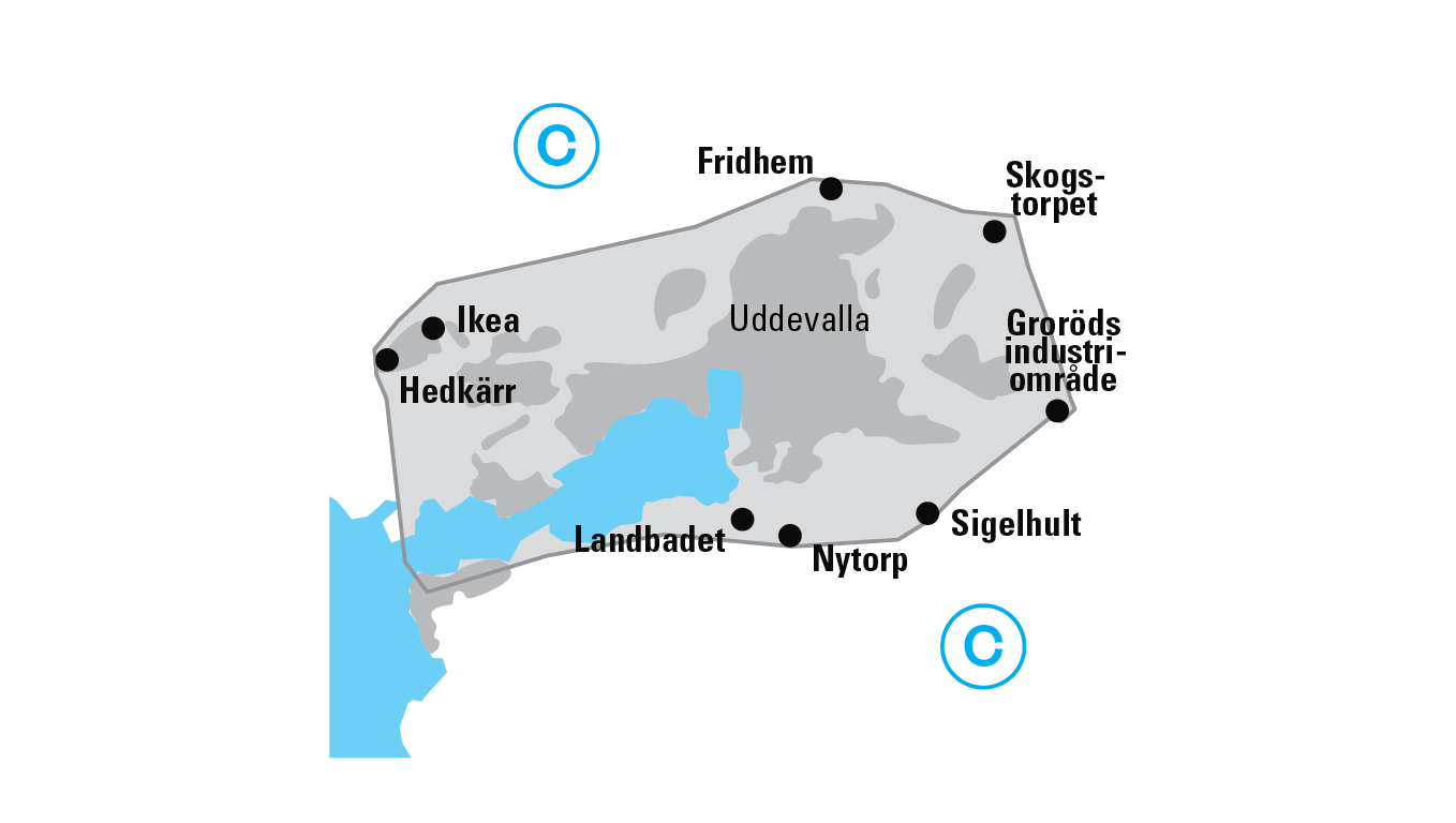 Karta över minibiljettens giltighetsgräns i Uddevalla