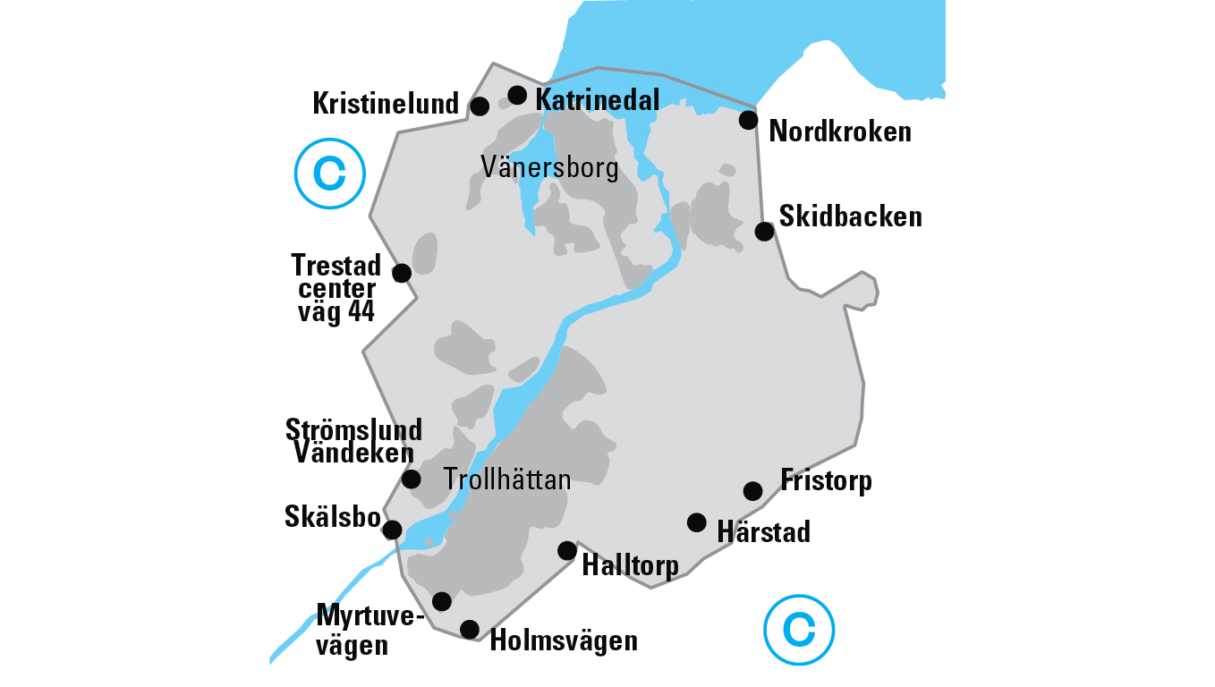 Karta över minibiljettens giltighetsgräns i Trollhättan/Vänersborg